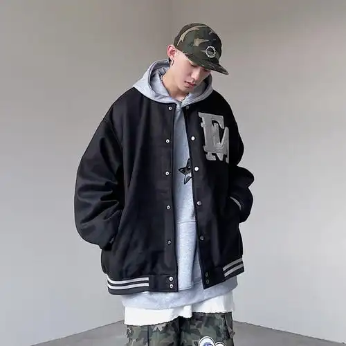 黑白述 美式高街十字架刺绣棒球服男潮牌vibe风夹克嘻哈外套秋 黑色