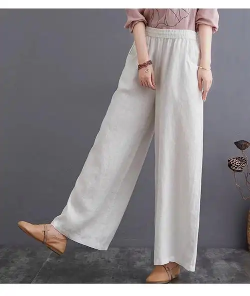 【7天出货】垂感阔腿裤女新款高腰棉麻长裤休闲宽松百搭亚麻料裤 - 17