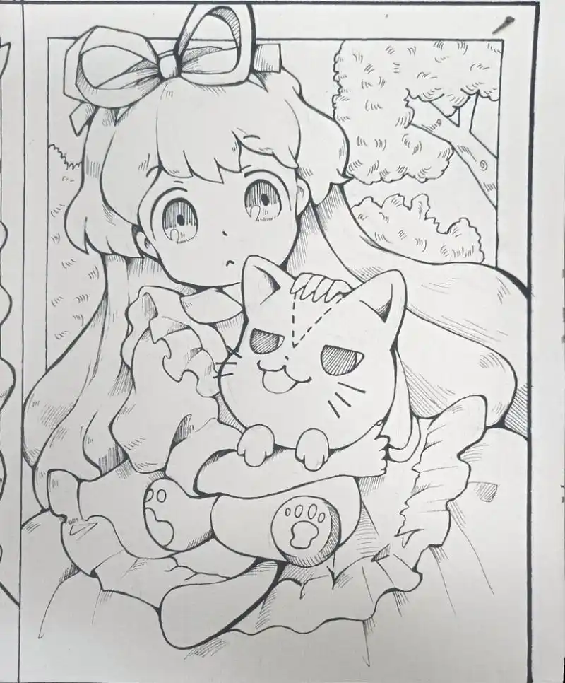 手绘临摹|黑白线稿|爱丽丝漫游仙境 临摹自ins mokarooru爱丽丝与柴郡