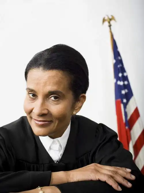 西方人,一个人,法官,坐,笑,微笑,竖图,室内,白天,正面,工作服,衬衫