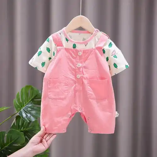 南极人品牌中小童婴儿夏装背带裤短袖套装韩版女宝宝幼儿外出服洋气