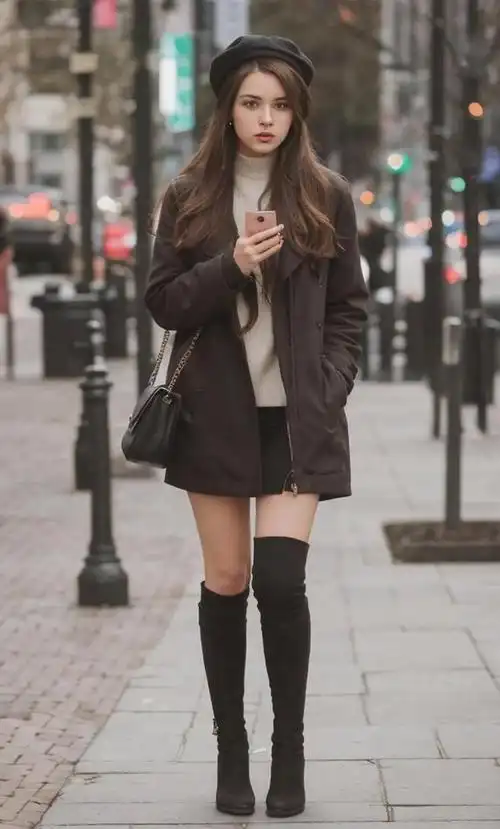 冬季美女穿搭,选来选去,还是打底袜搭配过膝靴时尚又出彩