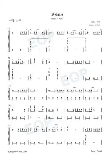 夏天的风-c调简单版双手简谱预览1