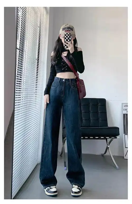 白色高腰阔腿牛仔裤女小个子宽松窄版直筒垂感拖地裤子秋冬季加绒