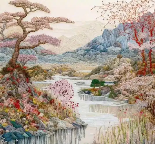 彩绘山水阁楼间,流水绕溪百花鲜. 春夏秋来冬时晚,曲欢梦稀画一卷