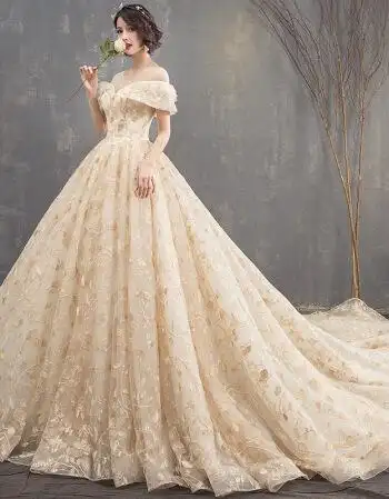 轻婚纱礼服2018新款显瘦新娘结婚长拖尾公主梦幻欧美一字肩香槟色