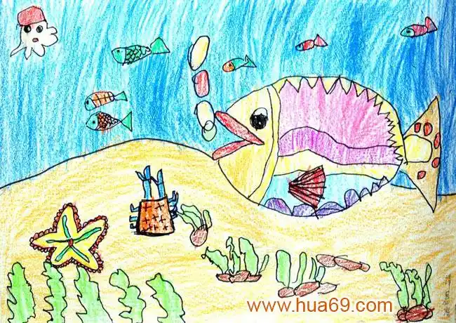 大鱼吃小鱼_幼儿蜡笔画作品2