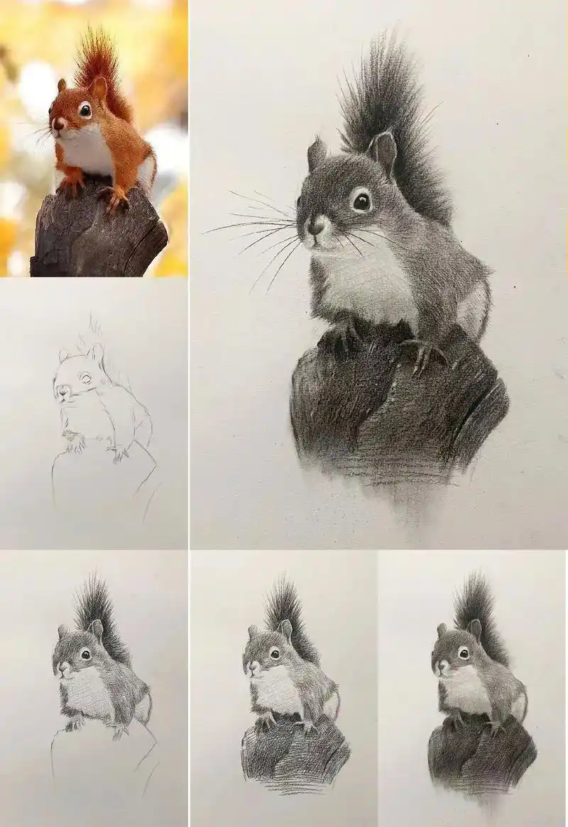 眞可爱眞详细的素描松鼠 步骤详解.1 椭圆加梯形先概括出头部 - 抖音