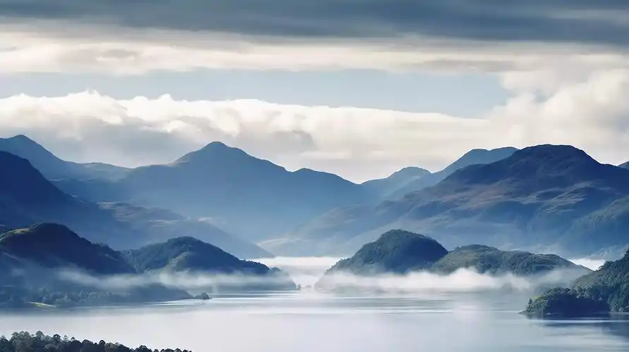 云雾里朦胧的山水风光高山湖水意境自然景色山湖风景旅游宣传