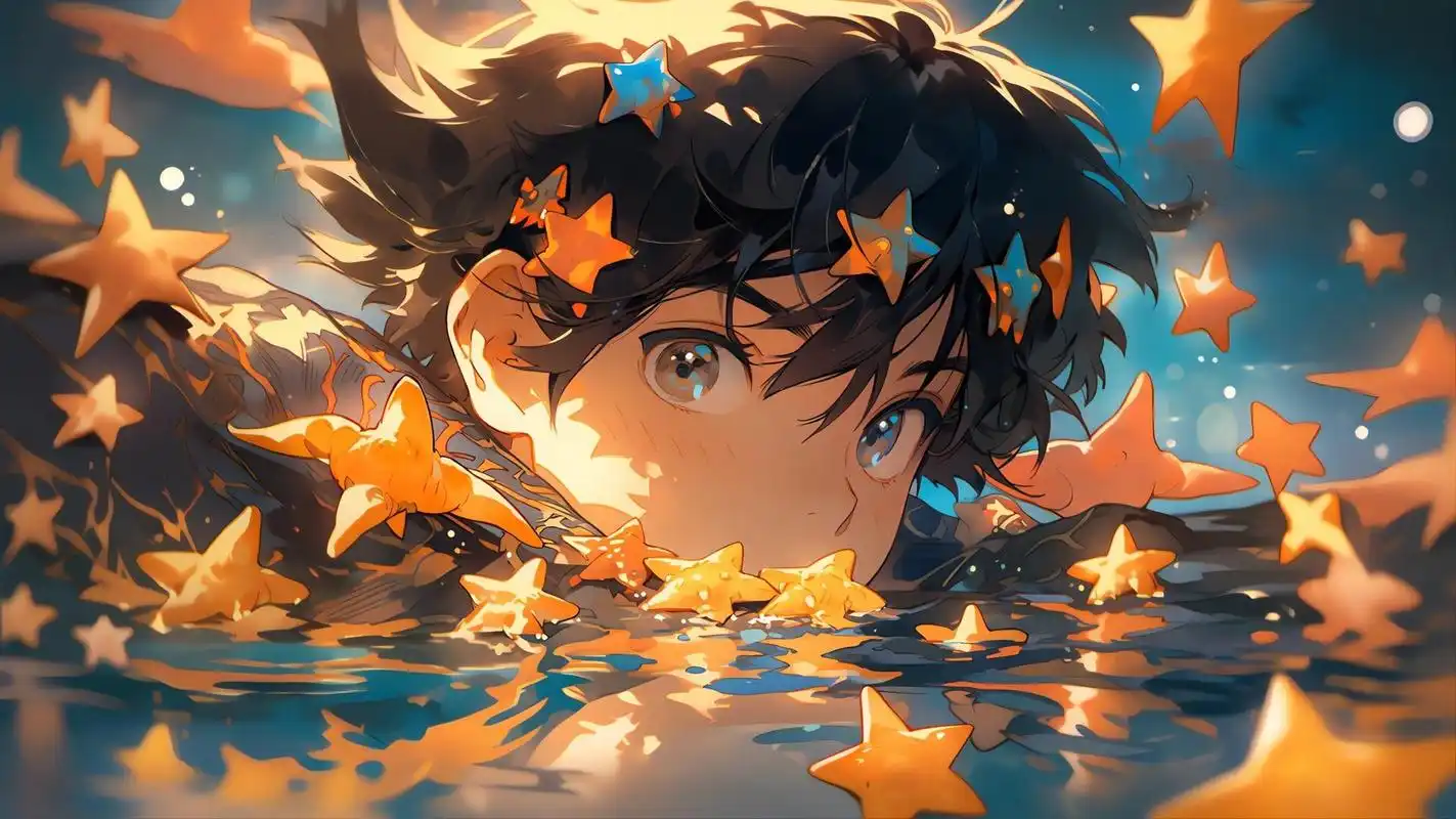 ⭐男孩⭐ | 电脑壁纸 水中星星动漫少年,治愈系 midjourney|ai