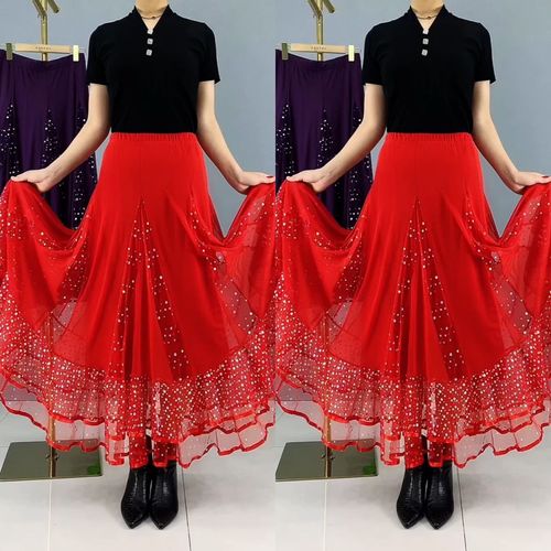 新款亮片大摆裙交谊舞舞蹈服广场舞半身裙跳舞网纱长裙比赛表演裙