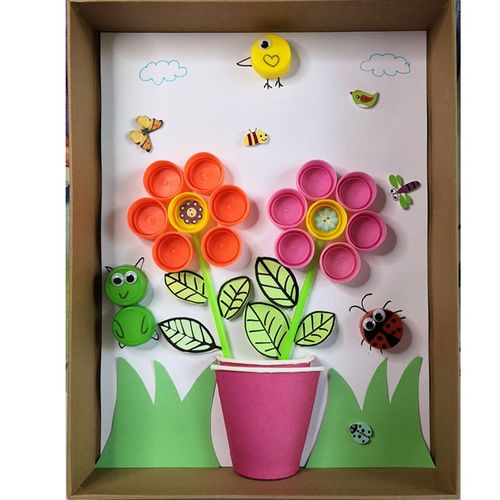 废物利用环保diy玩具手工课材料包矿泉水饮料瓶盖鞋盒盖粘贴画 花