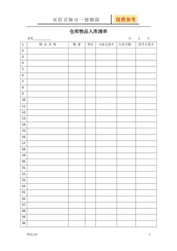 仓库物品入库清单表格类别