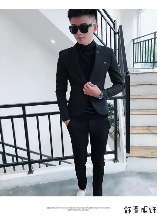 韩版潮流紧身社会小伙西服发型师外 k01西装外套黑 弹力西裤黑色 27