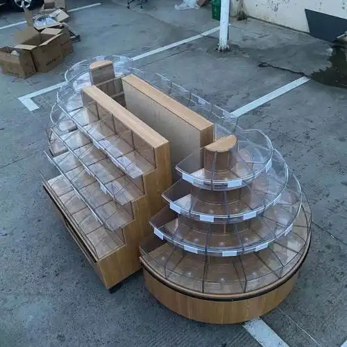 超市木质四层散称柜散装零食货架饼干糖果休闲食品圆形中岛展示柜