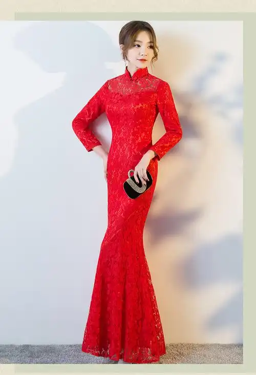 旗袍2018新款中式结婚礼服裙鱼尾长款婚宴敬酒服红色中国风旗袍裙