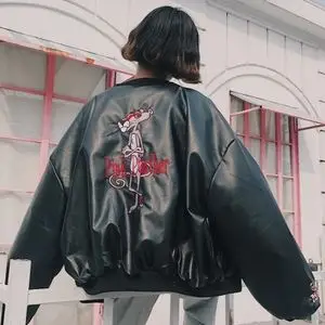 淘宝原宿风个卡通粉红豹刺绣外套女 复古bf风pu皮棒球服夹克皮衣潮