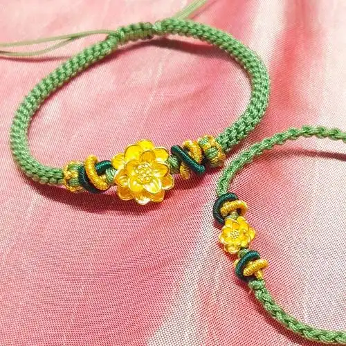 老凤祥风格999足金莲花 黄金手链女转运珠金福牌吊坠编织绳女友母节