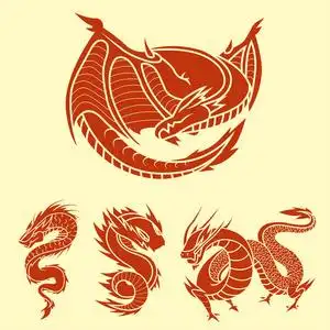 中国龙剪影纹身神话尾巴怪兽魔术图标亚洲动物艺术矢量插画照片