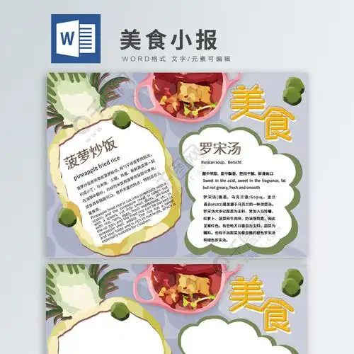 原创手绘菠萝炒饭罗宋汤美食word手抄报