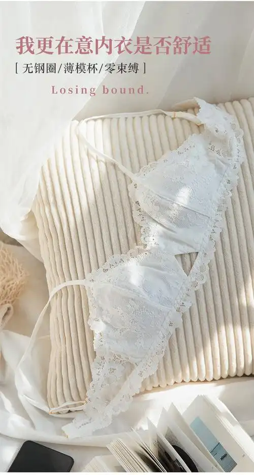 白色性感法式蕾丝内衣女无钢圈薄款美背大胸显小少女生三角杯文胸淘宝