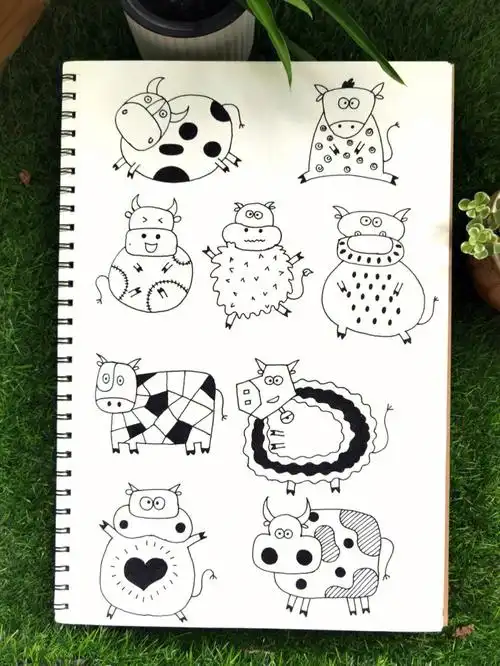 黑白线描画可爱小奶牛简笔画儿童画练手