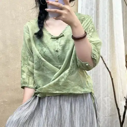 一粒盘扣中袖苎麻印花上衣女百搭夏季新款宽松薄款小众复古衬衫