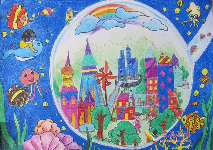 五年级获奖小学生科幻画《海中岛》(1)