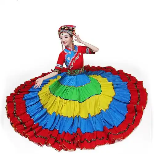 新款彝族七月火把节七彩大摆裙演出服装少数民族舞蹈演出开场舞裙