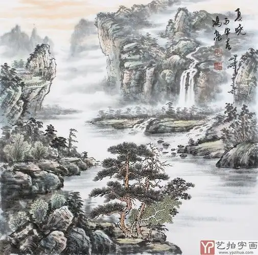 山东美协牛鸿亮斗方山水《夏晓》-写意山水画_皇家彩票_用户注册登录