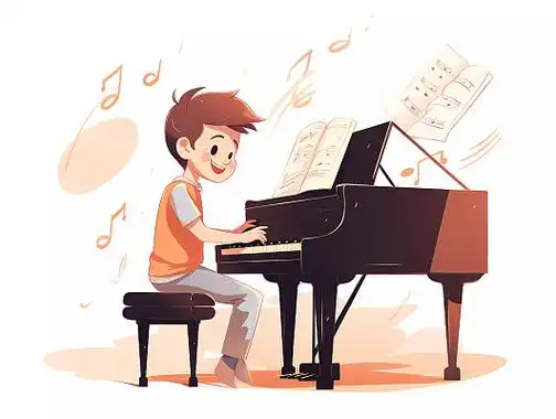 艺术教育钢琴培训班招生卡通人物男孩弹钢琴场景