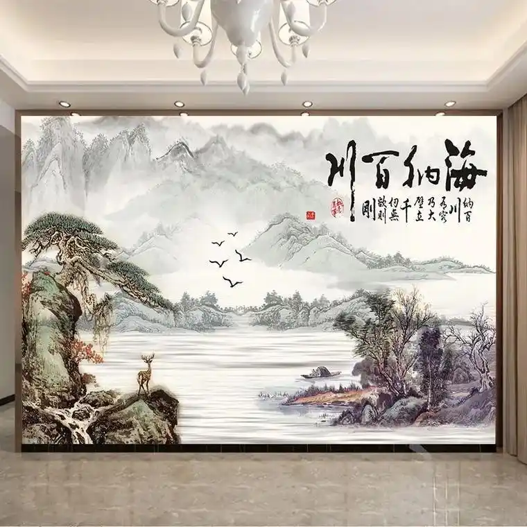 客厅风景山水画背景壁画.@dou 小助手 #电视背景墙 #装 - 抖音