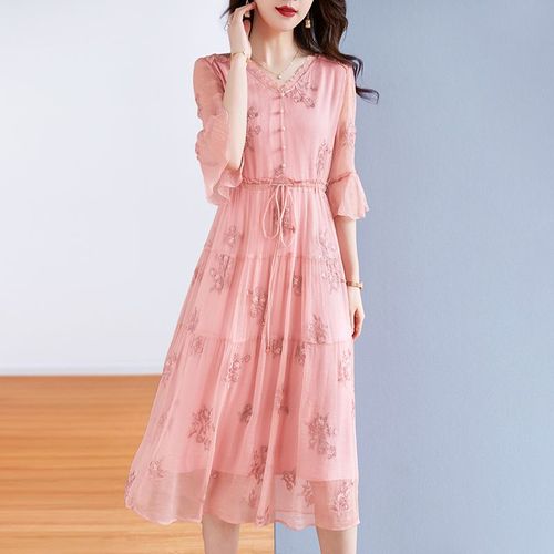 水墨佳人高端品牌真丝连衣裙女夏季遮肉显瘦减龄贵夫人桑蚕丝裙子