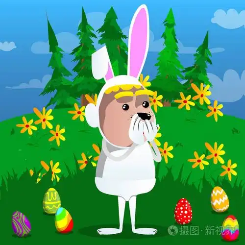 男孩扮成复活节兔子, 手放在嘴上.矢量卡通人物插画