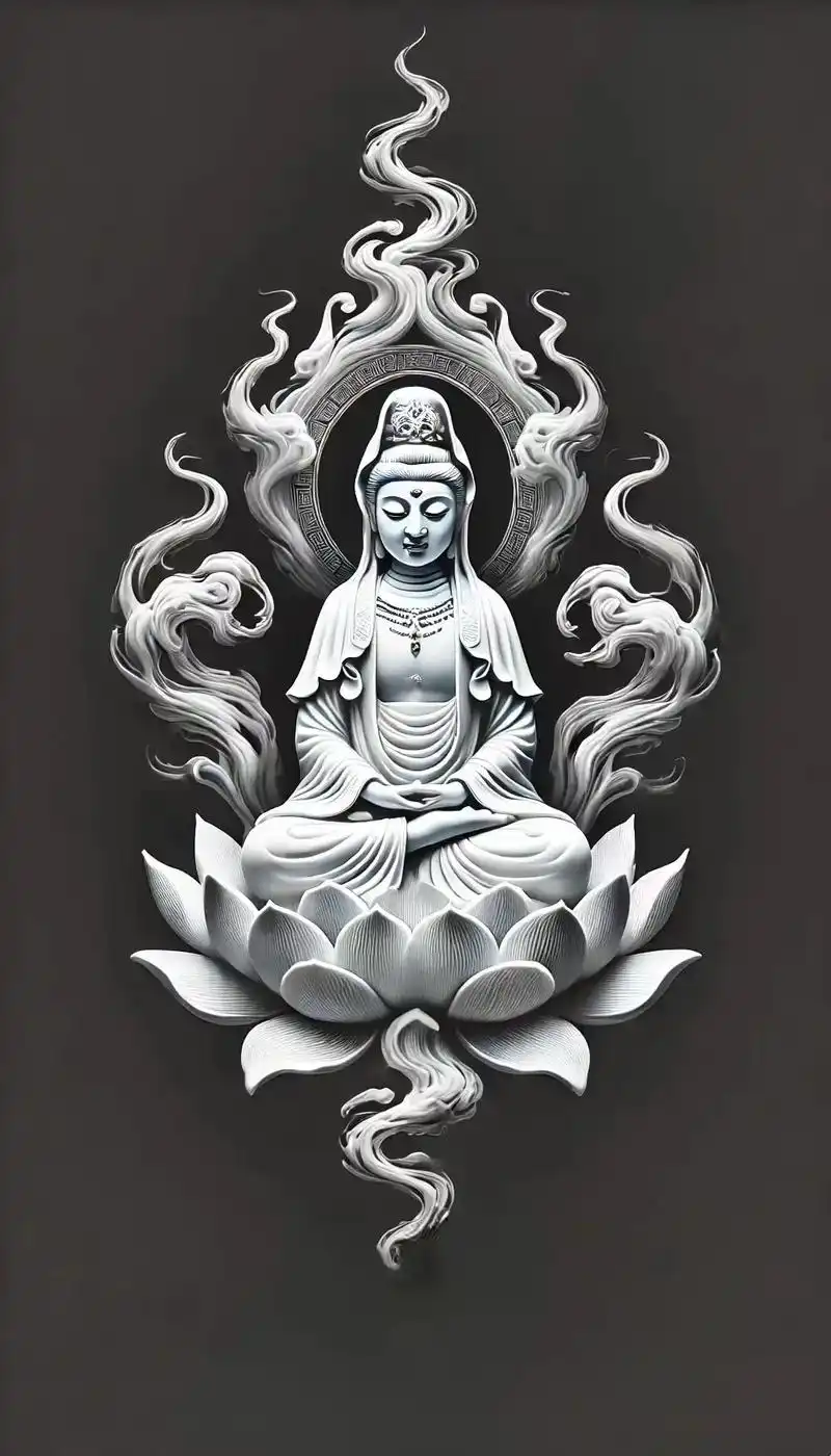 禅意悠悠,心如止水. 坐观佛像莲花上,云雾缭绕心自宽.火焰中见慈悲光