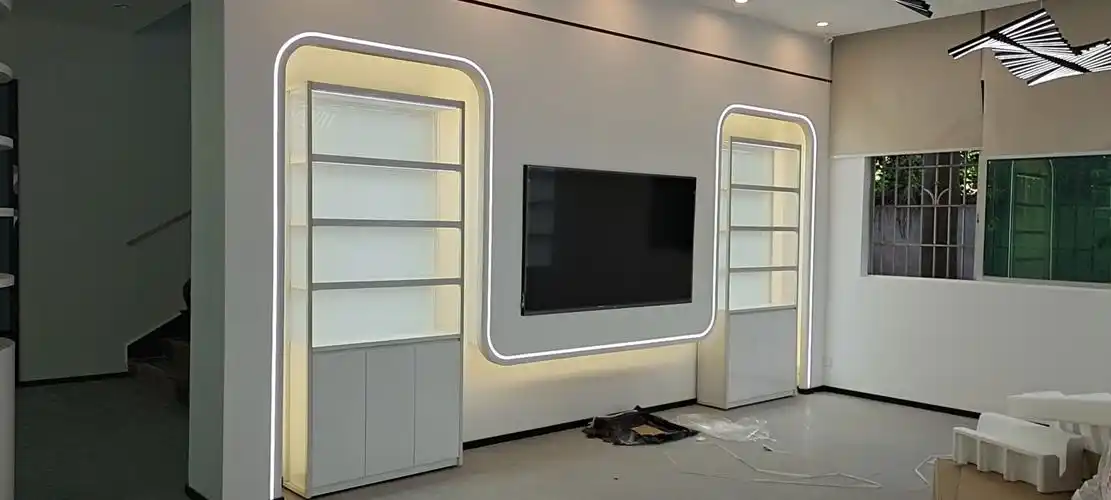 国明彩妆柜台定做厂家 产品体验台 化妆品专柜木质烤漆柜