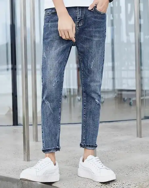 裤袢u型环扣装饰猫须磨砂破洞牛仔九分裤