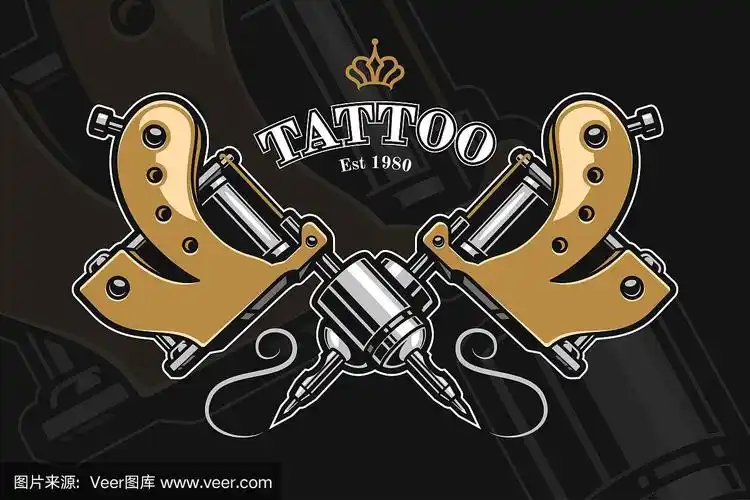 交叉的金色纹身机矢量插图.纹身工作室徽章模板孤立在黑暗的背景.