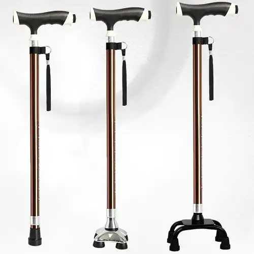 日本乐来福老年人用的拐杖四脚老人手杖带灯拐扙可伸缩四角拐棍