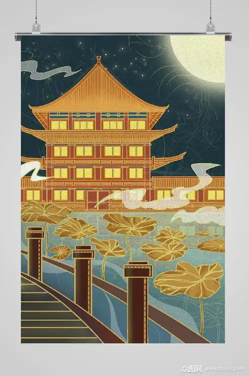 古风建筑风景过桥名胜插画