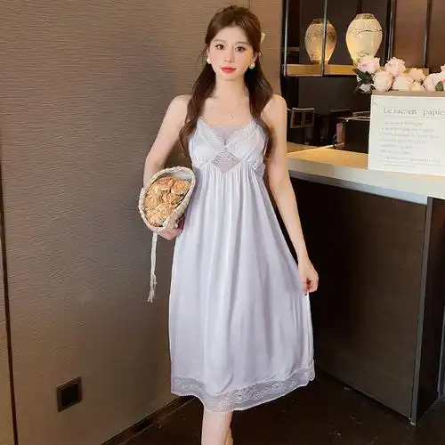 wens夏季新品优雅气质性感丝滑柔软特柔丝中长款睡裙睡衣女家居服
