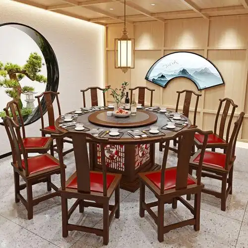 大理石餐桌组合 中式湘菜馆特色餐厅火锅店圆桌 饭店实木卡座桌椅