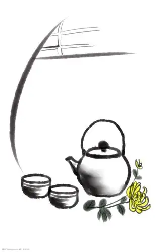 水墨画菊花茶具插图
