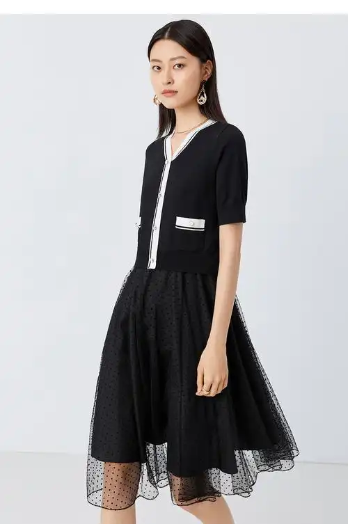 yiner音儿商场同款女装2021春季新款网纱波点拼接连衣裙