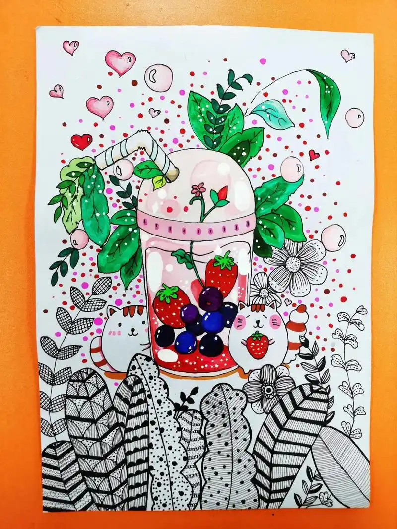 奶茶杯#少儿美术 #画画 #线描画#创意美术  - 抖音