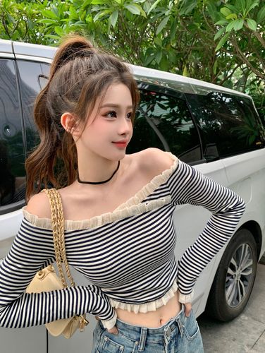 (今日10折)辣妹一字肩紧身条纹t恤纯欲系主播上镜长袖打底衫木耳边短