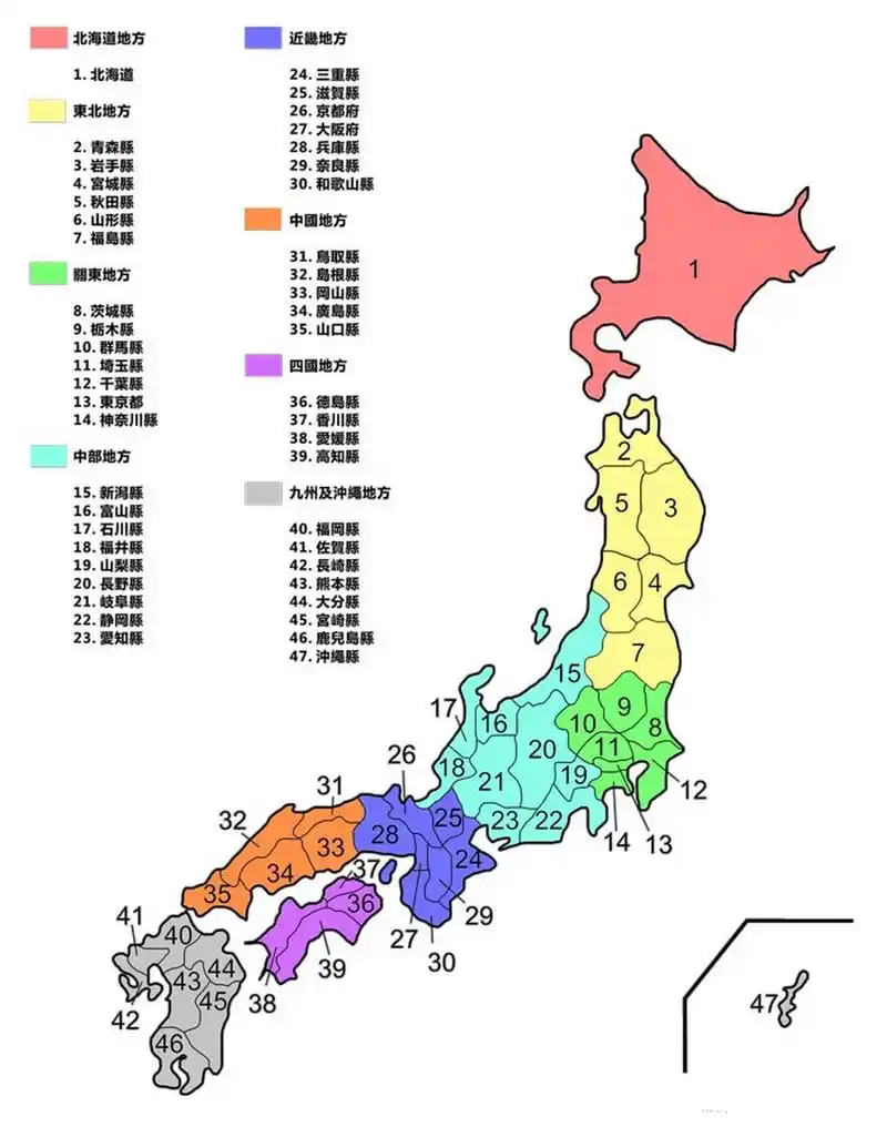 1道(北海道),2府(大阪府,京都府),43县  67  日本的一级行政区是都