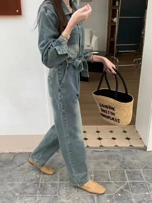 新款韩版时尚宽松显瘦连衣裤潮单排扣牛仔bf工装连体牛仔裤女 - 17网
