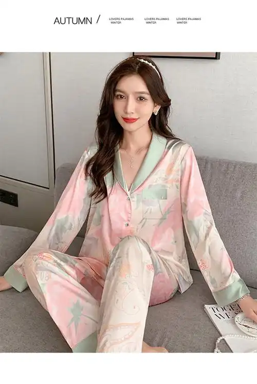 【依曼琪】春秋季仿真丝冰丝绸睡衣女士长袖长裤开衫家居服套装 - 17