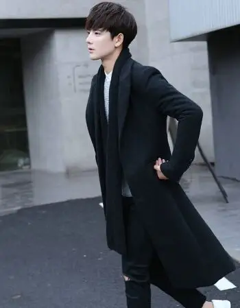 秋冬加长款风衣男帅气超长过膝毛呢大衣韩版潮男大码修身呢子外套